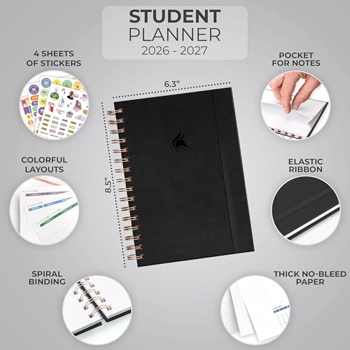 Clever Fox Academic Student Planner 2026-2027 – Hardcover Spiral-Bound Planner for School & College with Weekly & Monthly Calendar (Black) - color: Black