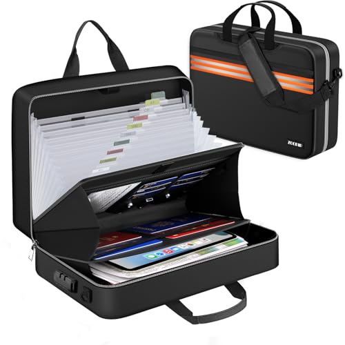 Accordion File Organizer with Lock,Fireproof Document Organizer Bag with Shoulder Strap,Large 13 Pocket Expanding File Folder,Portable Safe Storage for Letter/Legal Files,Books, Laptop-Black - size: Legal Size, style: Orange Reflective Strip