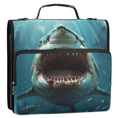 3 Ring Zipper Binder Shark Binder Organizer Portfolio with File and Shoulder Strap & Handle Large Capacity File Folder - color: Shark