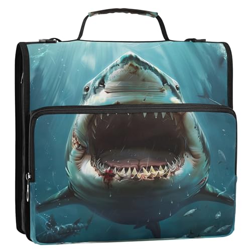 3 Ring Zipper Binder Shark Binder Organizer Portfolio with File and Shoulder Strap & Handle Large Capacity File Folder - color: Shark