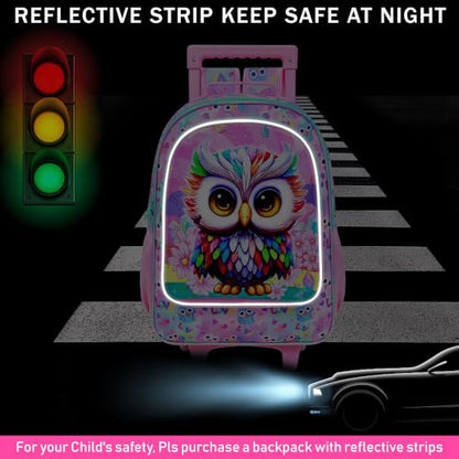 HPJGD 3PCS Owl Rolling Backpack for Girls, Kids School Backpacks with Wheels, Water Resistant UV Printed Roller Wheeled Bookbag Set - color: Glittering UV Priting Owl Pink Rolling Backpack