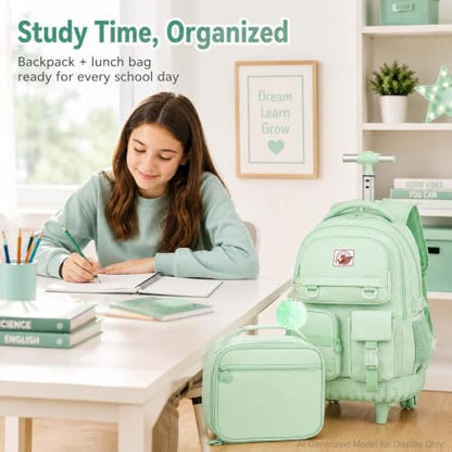 CCJPX Rolling Backpack for Girls Women, 21 inch Roller Wheels School Bookbag, Wheeled Suitcase Backpacks with Lunch Bag for Teen - Green - color: Green