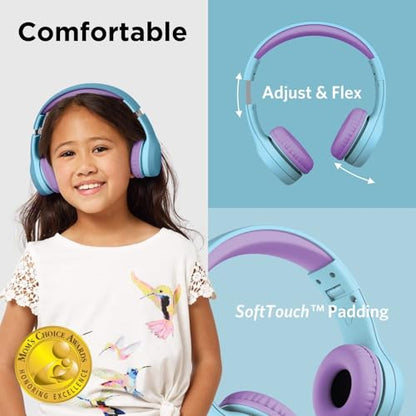 LilGadgets Connect+ Foldable Headphones, Adjustable Fit Soft Touch Padding for Kids with Mic, Volume-Limited & Noise Reduction On-Ear Wired Headset for School with SharePort - Blue/Purple, Ages 3-14 - color: Blue/Purple