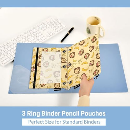 2 Pack Pencil Pouch for 3 Ring Binder Cute Monkey Banana Pencil Case Pouch with Clear Window Zipper Binder Pencil Pouches Pen Bag for Office School Supplies - color: Cute Monkey Banana