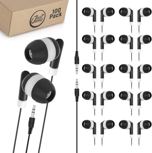 DOT Black & White Bulk Wired Earbuds 100 Pack – Bulk Earbuds for Classroom, School, Testing & Students – Economy Wired Headphones with 3.5 mm Jack, No Mic, Comfortable Silicone Tips, For Laptop & PC