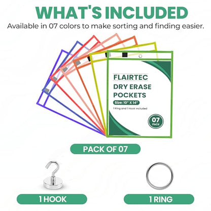 7-Pack Dry Erase Pockets – 10x14 Heavy Duty Sleeves with Cloth Binding – Fits 8.5x11 or 9x12 Worksheets – Includes 1 Ring and 1 Hook – Classroom and Office Use - style: MultiColor (7 Pack)