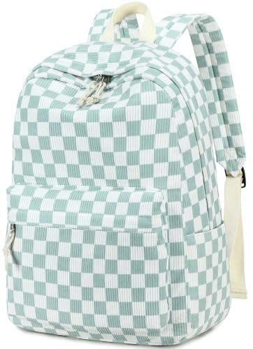 BTOOP School Backpack for Teens Large Corduroy Bookbag Lightweight 15.6 inch Laptop Bag for Girls Women Casual High School College - color: Green-white Checkered