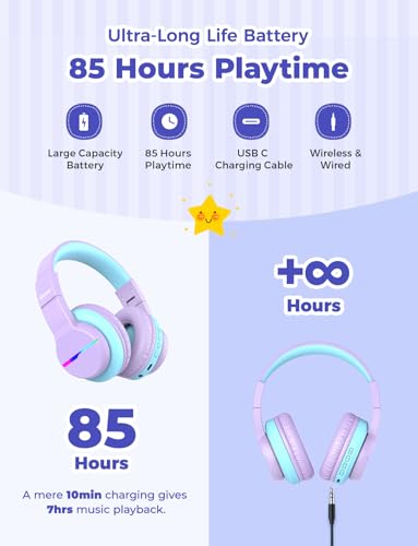 iClever BTH12 Kids Bluetooth Headphones,Colorful LED Lights Kids Headphones Wireless,74/85dBA Safe Volume,85H Playtime,Fast Charging,Bluetooth 5.2,Over Ear,Built-in Mic for iPad/Tablet/Airplane,Purple - color: Purple