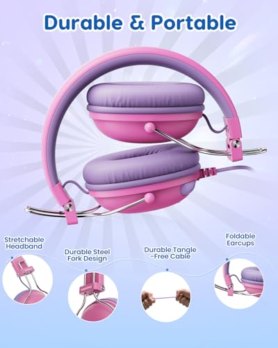 awatrue Kids Headphones, 74/85dB Safe Volume Limit, Stereo Sound, Wired On-Ear Headphones for Kids Boys Girls, 3.5mm Jack for Tablet, iPad, Kindle, YOTO Player, Airplane Travel, Pink - color: Pink-Purple