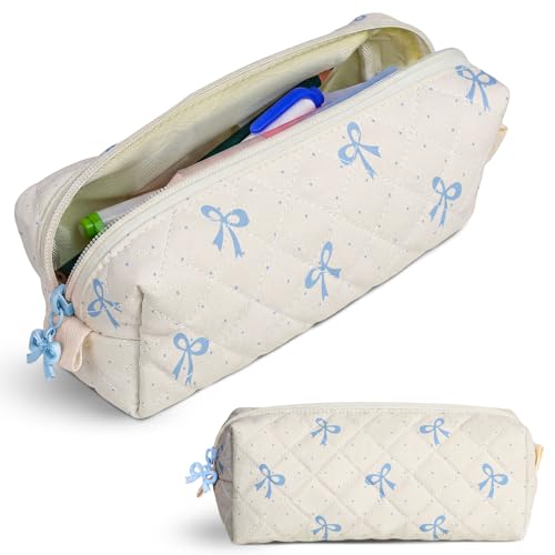 Cute Quilted Pencil Case for Girls Women, Aesthetic Small Floral Pencil Pouch,Slim Soft Pencil Bag for School Supplies Makeup Pouch for School & Daily Use (Blue Mini Bow) - color: Blue Mini Bow