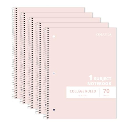 ONAVIA Pink 1 Subject Spiral Notebook College Ruled 5 Pack, 140 Pages | 70 Sheets, 8 x 10.5 in, 3-Hole Punched, School Notebook, Writing Notebook, Students, Study - color: Pink