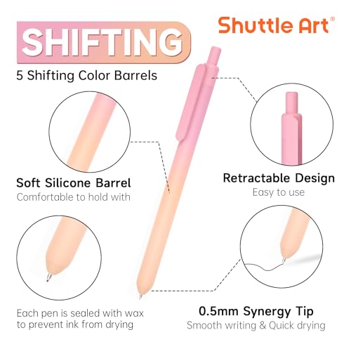 Shuttle Art Retractable Pastel Shifting Gel Ink Pens, 15 Pack Black Ink Pens, Cute Pens 0.5mm Fine Point Soft Aesthetic Barrel for Smooth Writing Journaling Taking Notes School Office Home - color: 15 Black Ink--Shifting Barrel
