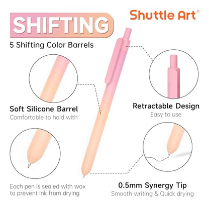 Shuttle Art Retractable Pastel Shifting Gel Ink Pens, 15 Pack Black Ink Pens, Cute Pens 0.5mm Fine Point Soft Aesthetic Barrel for Smooth Writing Journaling Taking Notes School Office Home - color: 15 Black Ink--Shifting Barrel