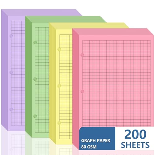 200 sheet Half Letter Graph Paper Refill 3 Hole Punch 5-1/2 x 8-1/2 College Ruled Grid Paper Pad Math Graph Paper Pad Colored Mini Binder Paper Planner Inserts Fits 3 Ring Binders For Office - style: Graph