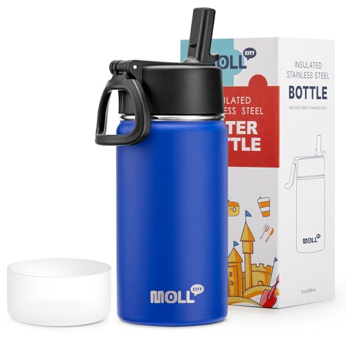 Small Water Bottle for Kids-12 oz Stainless Steel Double Wall Vacuum Insulated Sports Water Bottle with Straw-Reusable Metal Water Flask for School(Navy) - color: Navy, size: 12 Ounces