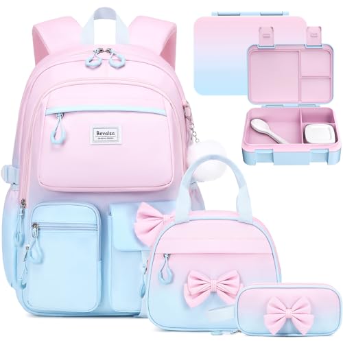 Bevalsa Backpack for Girls, Bow Bookpack with Bento Lunch Box, Insulated Bag & Utensils, 34oz Lunch Containers School Bags Set for Children Teens Kids Elementary Middle school Student (Pink-Blue) - color: Pink-blue