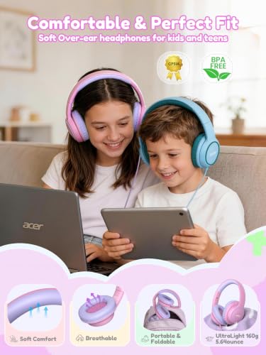 Acer Kids Headphones Wired for School - Over Ear Design, 85/94dB Safe Volume Limit, 3.5mm Jack Foldable Headphones for Toddler Boys Girls Classroom Yoto Player Chromebook Travel (Pink Purple) - color: Pink Purple