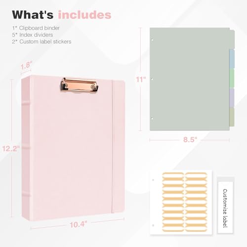 Ospelelf 3 Ring Binder with Clipboard 2 Inch Leather Binder for Letter Size (8.5" x 11"), Clipboard Binder with 5 Tab Dividers Back to School Supply, Pink - color: Pink, size: Letter Size - 2 Inch