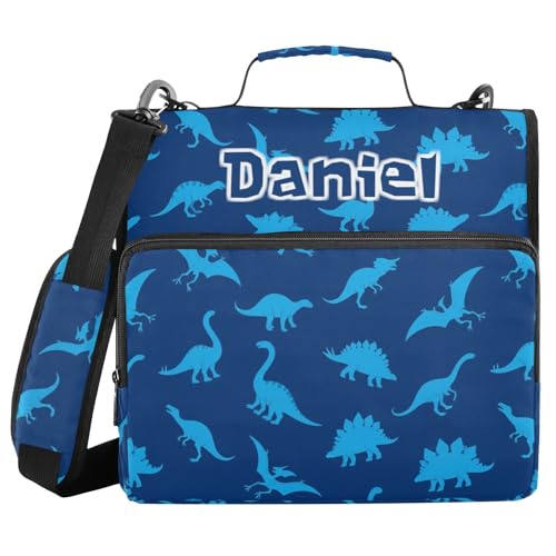 Custom Dinosaurs Dark Blue Pattern 3 Ring Zipper Binder with Shoulder Strap & Handle 1.5 Inch D-Ring Zippered Bag with Multiple Pocket, Personalized Binder Organizer for School or Office - color: Dinosaurs Dark Blue