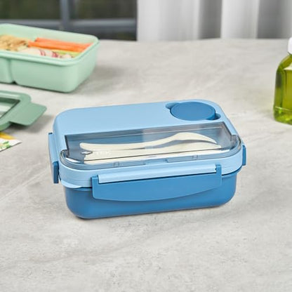 Restaurantware Bento Box 1 Count 44 Ounce Plastic Lunch Box With Cutlery, Leakproof Microwave-Safe Meal Prep Container Reusable Versatile Blue for Travel - size: 1 Count, style: 44 oz - Blue