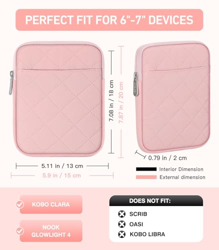 MoKo 6-7 inch Padded E-Reader Sleeve Case with Dual Pockets Fits with 6/6.8/7-inch E-Reader/Nook/Kobo, Protective Sleeve Cover Pouch Bag Carrying Case, Pink