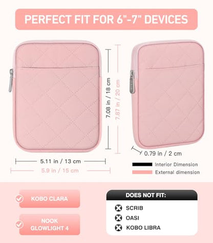 MoKo 6-7 inch Padded E-Reader Sleeve Case with Dual Pockets Fits with 6/6.8/7-inch E-Reader/Nook/Kobo, Protective Sleeve Cover Pouch Bag Carrying Case, Pink