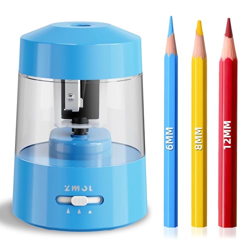ZMOL Electric Pencil Sharpener Battery Operated Power Kids for Colored & Jumbo Pencils No.2/(6-12mm) - Safe & Easy Use Plug in Portable with (AC Adapter,USB, Battery) for Classroom/Office/Home Blue - color: Blue