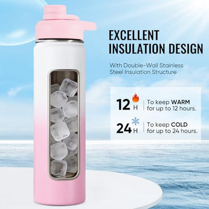 Fijinhom Insulated Water Bottle with Handle, 304 Stainless Steel Water Bottles with Wide Mouth, Double Wall Vacuum Sports Water Bottle, BPA Free, Keep Cold and Hot, 24 Ounces, Strawberry Milk - color: Strawberry Milk, size: 24 Ounces