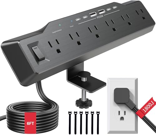 Desk Clamp Power Strip Surge Protector, 6 Outlets, Flat Plug, 1800J, 4 USB-C Ports (Any Port 35W), for Home & Office, Flame-Retardant PC-ABS Housing, Fits 1.96" Desk Edge, Black