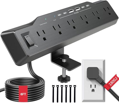 Desk Clamp Power Strip Surge Protector, 6 Outlets, Flat Plug, 1800J, 4 USB-C Ports (Any Port 35W), for Home & Office, Flame-Retardant PC-ABS Housing, Fits 1.96" Desk Edge, Black