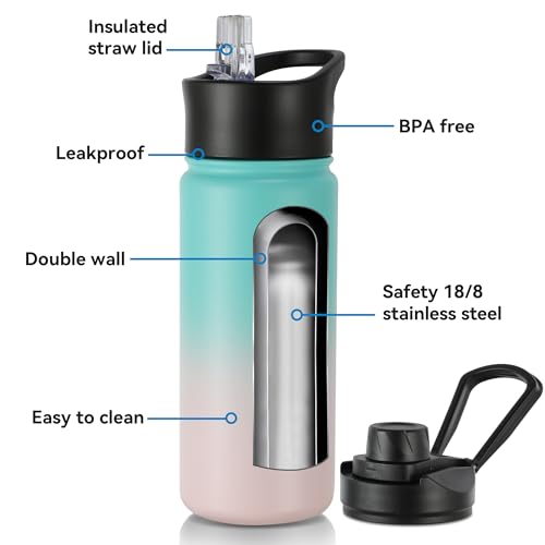 16 oz Insulated Water Bottle with Straw Lids, Stainless Steel Kids Water Bottles for School, Double Wall Vacuum Metal Water Bottle with Straw & Wide Mouth Lid, Bubble Gum 1 Pack - color: Bubble Gum, size: 16oz-4 Pack