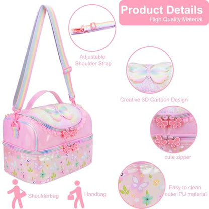 RHCPFOVR Kids Lunch Bag - Double - Decker Cooler Insulated Lunch Box for Boys Girls,Washable Lunch Bag with Strap and Reusable Toddler Lunchbox for School and Daycare - color: Pink Rainbow