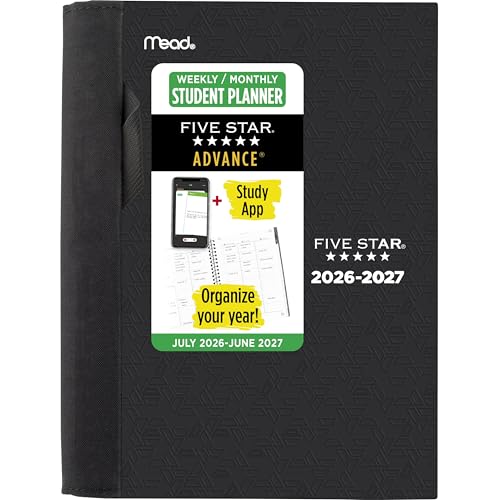 Five Star Planner 2026-2027 Weekly & Monthly Academic 12-Month July-June Advance Student Planner + Study App, 5-1/2" x 8-1/2", Black (CAW45905) - color: Black, size: Half Letter (5.5 x 8.5 inches), style: 2026-2027