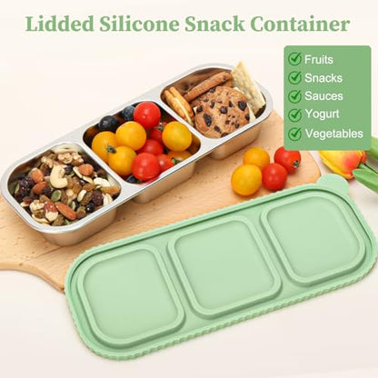 3 Compartment Stainless Steel Snack Containers. | Reusable Snackle Box Container with Leakproof Lids Metal Bento Lunch Boxs Food Storage Containers for Travel Picnics Office - color: 01-GN