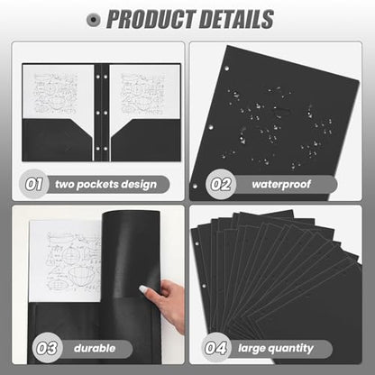 Yeaqee 50 Pcs Plastic Folders with Pockets Bulk 3 Hole Punched 2 Pocket File Folders for 3 Ring Binder Divider Folder for Notebooks, Durable Poly for Office Home (Black) - color: Black