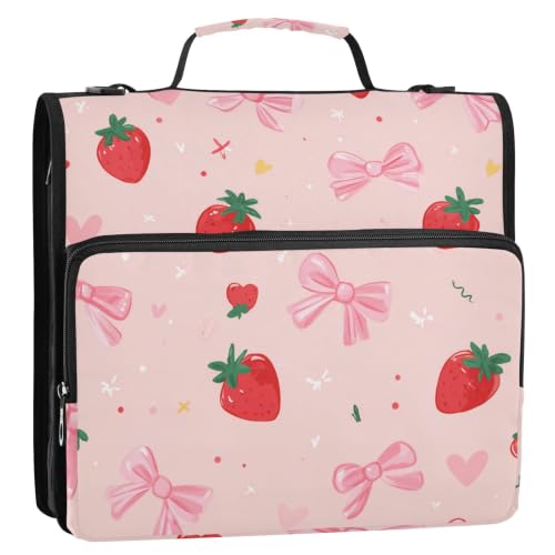 Strawberry Zipper 3 Ring Binder Bag with Shoulder Strap for School | 2 Inch 3 Ring, Secure Zippered Closure, Organizer Pockets for Classification, Heavy Duty File Organizer - color: Strawberry Red