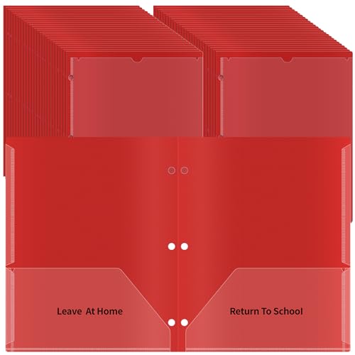 50 Pcs 3 Holes Home School Folders with Clear Front Pockets, 2-Pocket Classroom Communication Folder Homework Parent Teacher Folder Take Home Plastic Folders for Student (Red) - color: Red