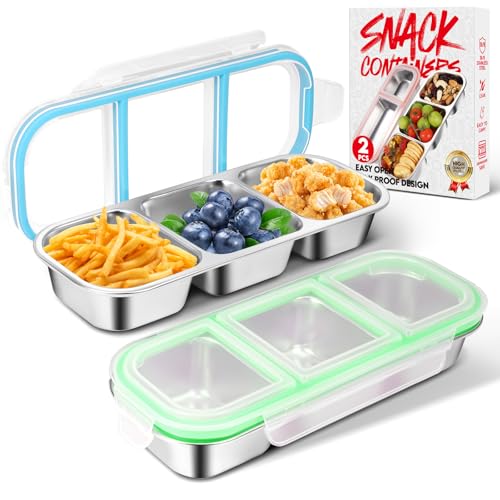 2 Pack Stainless Steel Snack Containers with Lids - Reusable 3 Compartment Snackle Box Container Divide Wet Dry Leakproof Metal Food Storage Containers for School, Home, Travel (Blue + Green) - color: Blue + Green, size: 3 Compartment of 1 pack