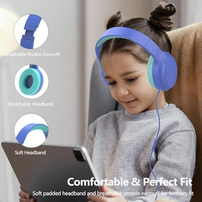 Kids Headphones Wired,Wired Headphones for Kids Over Ear with Microphone,85/94dB Volume Limiter Headphone for Kids Boys Girls Teens Children,3.5mm Wired Foldable Headphone for School/Tablet (Blue) - color: Blue