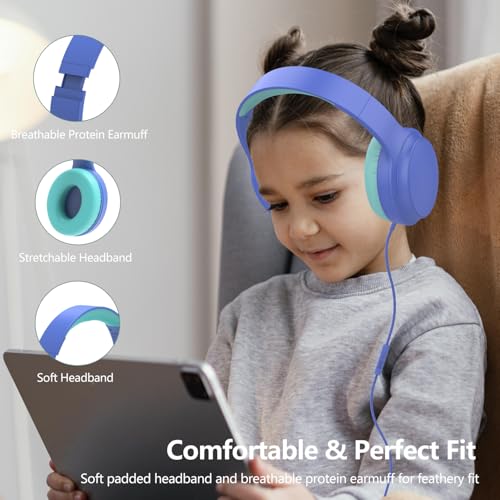 Kids Headphones Wired,Wired Headphones for Kids Over Ear with Microphone,85/94dB Volume Limiter Headphone for Kids Boys Girls Teens Children,3.5mm Wired Foldable Headphone for School/Tablet (Blue) - color: Blue