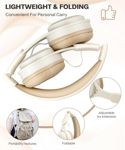 Kids Bluetooth Headphones, Over Ear Children's Wireless Bluetooth 5.3 Headsets, Built-in Mic, Comfortable Wear & HD Sound, Kids Headphones for Boys Girls School Travel iPad Tablet (Beige) - color: Beige