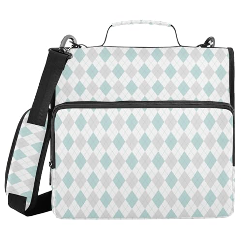 Blue Grey Diamond Checkered Plaid Striped Binder Bag 3 Ring Zipper Binders with Shoulder Strap for School Office Organizer Storage - color: Q008