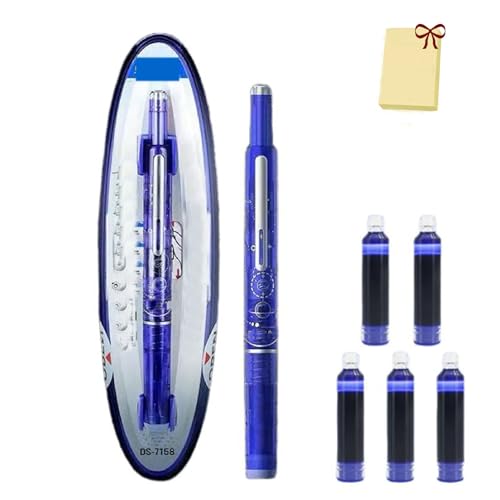 Retractable Fountain Pen, 0.38mm Blue&black Ink Transparent Barrel Includes 5 Refillable Ink Cartridges, Multicolor Pressable Gel Pen (Dark blue,Erasable Blue) - color: Dark blue