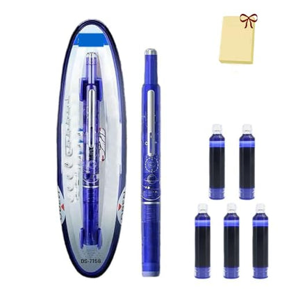 Retractable Fountain Pen, 0.38mm Blue&black Ink Transparent Barrel Includes 5 Refillable Ink Cartridges, Multicolor Pressable Gel Pen (Dark blue,Erasable Blue) - color: Dark blue
