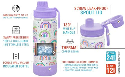 CHILLOUT LIFE 17oz Kids Insulated Stainless Steel Water Bottle with Leak Proof Spout Lid & 144 Stickers - color: Rainbows, style: 17 oz