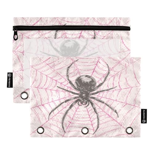 Spider Pink Web Pencil Pouch for 3 Ring Binder Pencils Bags Pencil Case with Zipper Clear Window for School Office 2 Packs - color: Black Spider on Pink Web