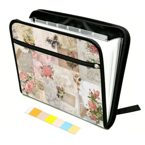WEBEEDY Vintage Flower Expanding File Folder with 13 Pockets, Labels and Zipper, Retro Poster Collage Prints Accordion File Organizer Portable Document Organiser for A4 Paper Receipt Paperwork Office - color: Vintage Poster Collage