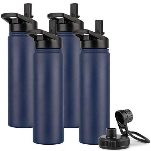 DOMICARE Insulated Water Bottle, 22 oz Vacuum Insulated Stainless Steel Reusable Sports Bottle with Straw Lid & Spout Lid for Travel, Camping, Bike, Leakproof, Navy Blue, 4 Pack - color: Navy Blue, size: 22oz/4 Pack