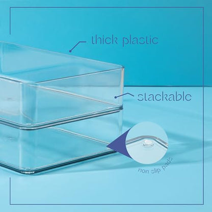 primebox Six Pieces - Clear Plastic Drawer Organizer Bins - Stackable, Non-Slip, 3 Sizes