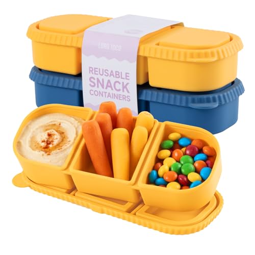 2 Pack Silicone Snack Containers, 3-Compartment Snackle Box with Leak Proof Lids, Reusable Small Divided Food Storage for Kids Lunch, School Travel Adults - color: 3-Compartment (2-Pack)-Blue,Yellow